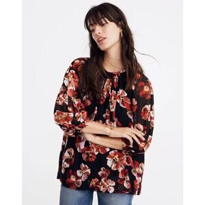 Madewell Black Floral Tie Back Pleated 3/4 Balloon Sleeve Tunic Blouse Top Sz XS